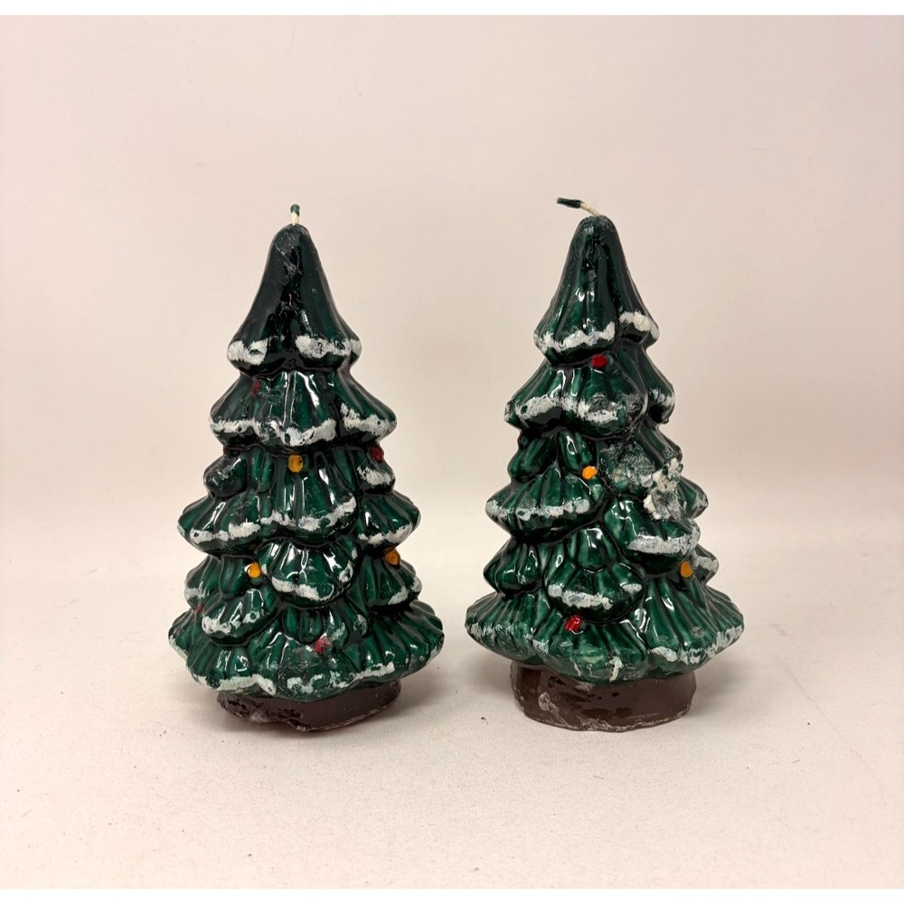 Vintage Rare Christmas Tree Candle Pair Green Snow Flocked Holiday Decor 8" Tall